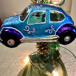 New Laved Blue Bug Car Glass 5.5” Ornament Hand Painted Mouth Blown Made Italy